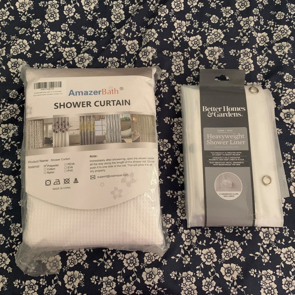 New 72" Amazerbath Polyester White Waffle Pattern Shower Curtain & BHG Liner